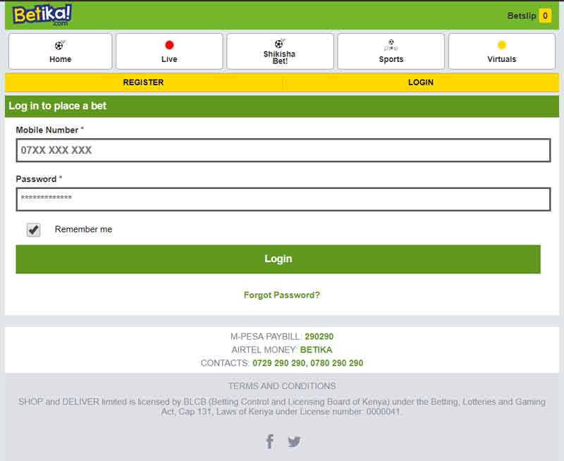 Betika login page